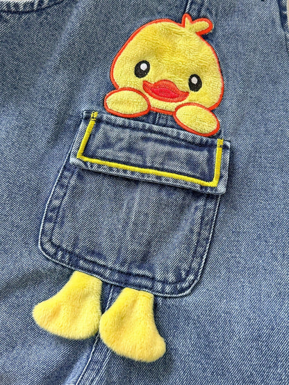 2pcs/Set Baby Boy Spring/Autumn Yellow & Blue Colorblock Cute Playful Style Striped Long Sleeve T-Shirt With Cartoon Duck Embroidery Denim Overalls Set, Loose Comfortable Fit, Suitable For Daily