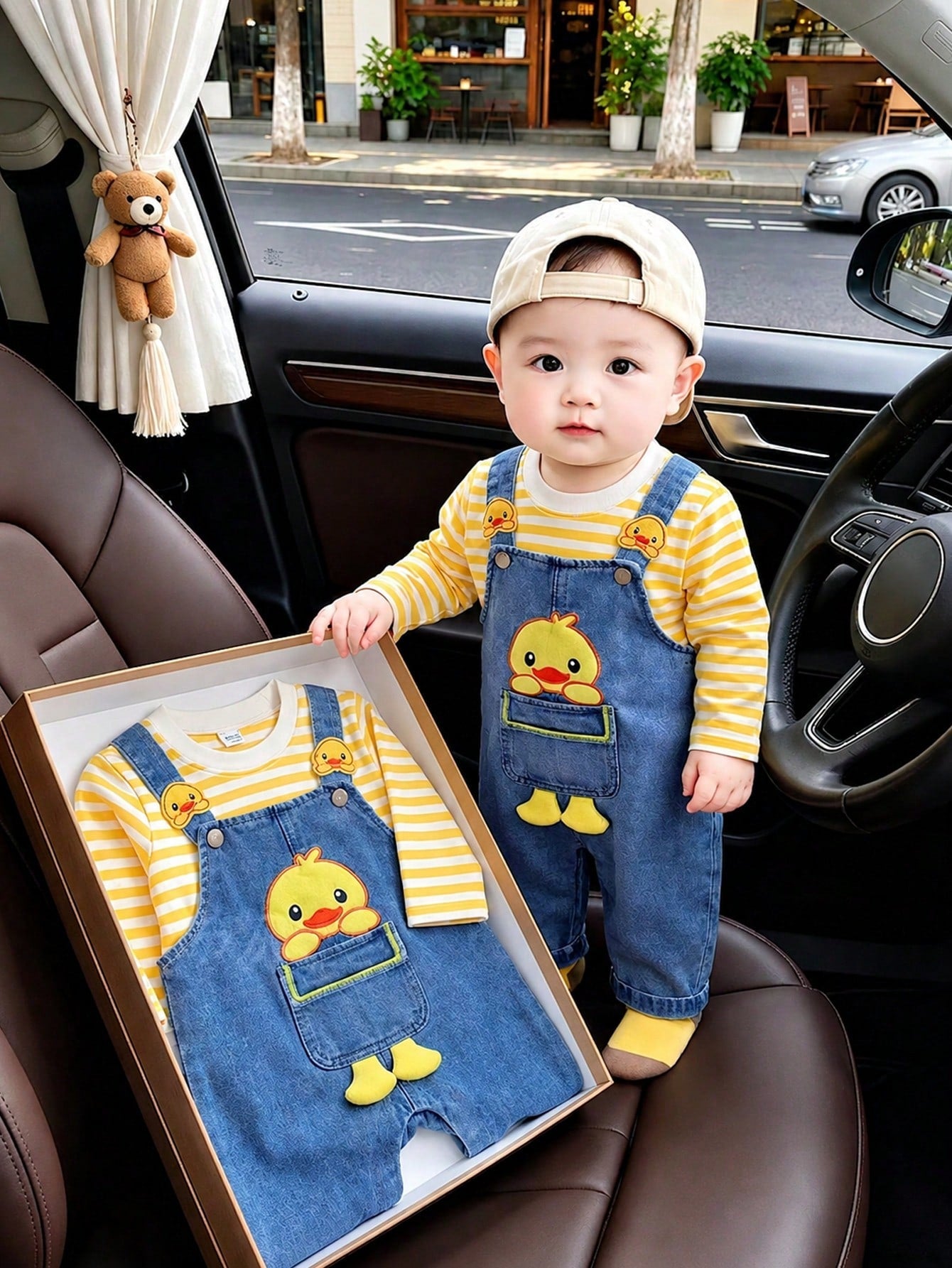 2pcs/Set Baby Boy Spring/Autumn Yellow & Blue Colorblock Cute Playful Style Striped Long Sleeve T-Shirt With Cartoon Duck Embroidery Denim Overalls Set, Loose Comfortable Fit, Suitable For Daily