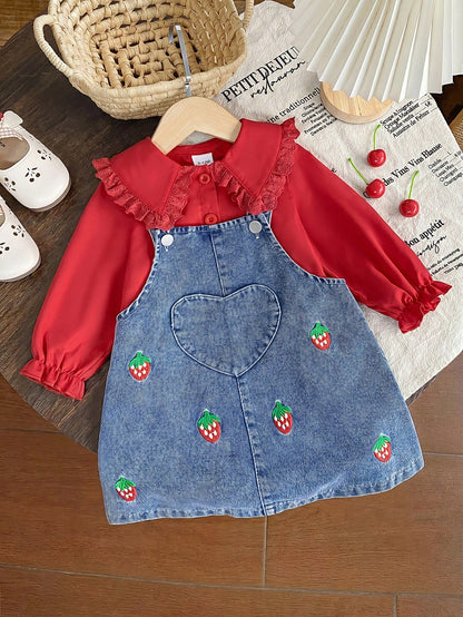 2pcs/Set Baby Girl Casual Cute Turn-Down Collar Long Sleeve Shirt And Strawberry Embroidery Decorated Overalls Set, Suitable For Spring And Autumn, Daily Wear Cute Casual Outfit