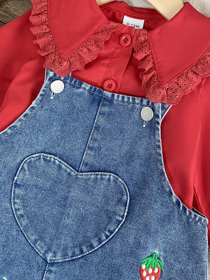 2pcs/Set Baby Girl Casual Cute Turn-Down Collar Long Sleeve Shirt And Strawberry Embroidery Decorated Overalls Set, Suitable For Spring And Autumn, Daily Wear Cute Casual Outfit