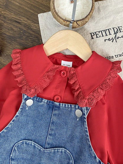 2pcs/Set Baby Girl Casual Cute Turn-Down Collar Long Sleeve Shirt And Strawberry Embroidery Decorated Overalls Set, Suitable For Spring And Autumn, Daily Wear Cute Casual Outfit