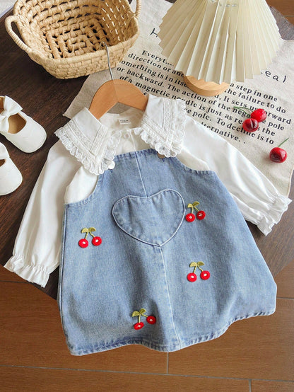 2pcs/Set Baby Girl Casual Cute Turn-Down Collar Long Sleeve Shirt And Strawberry Embroidery Decorated Overalls Set, Suitable For Spring And Autumn, Daily Wear Cute Casual Outfit