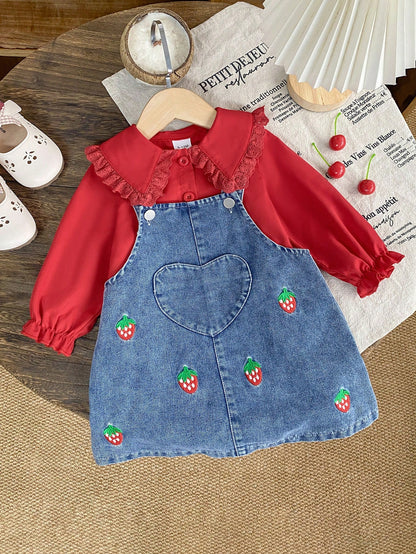 2pcs/Set Baby Girl Casual Cute Turn-Down Collar Long Sleeve Shirt And Strawberry Embroidery Decorated Overalls Set, Suitable For Spring And Autumn, Daily Wear Cute Casual Outfit