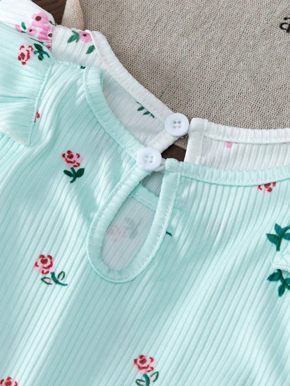 2pcs/Set Baby Girl Princess Jumpsuit, Ditsy Floral Long Sleeve With Bow, Baby Girl Outdoor Outfit Chic Outfits For Autumn/Winter Fall