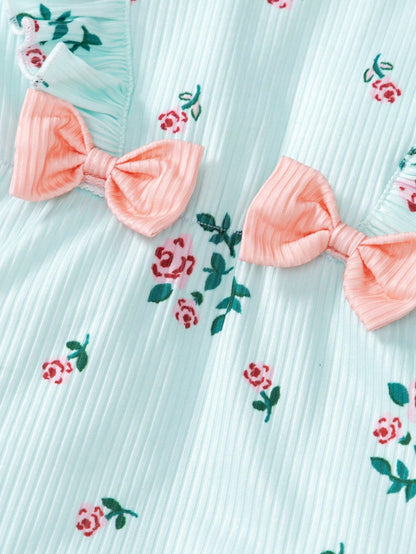 2pcs/Set Baby Girl Princess Jumpsuit, Ditsy Floral Long Sleeve With Bow, Baby Girl Outdoor Outfit Chic Outfits For Autumn/Winter Fall