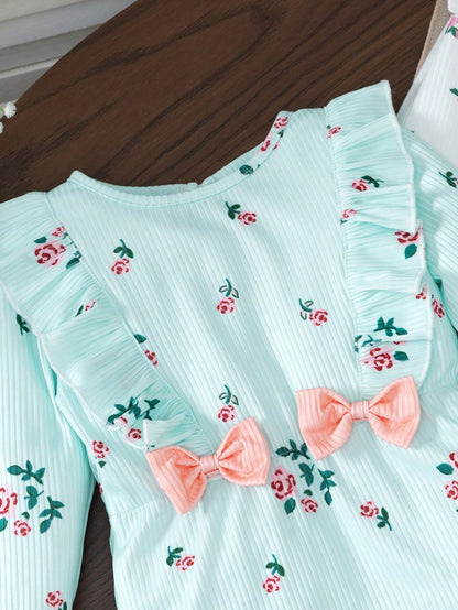 2pcs/Set Baby Girl Princess Jumpsuit, Ditsy Floral Long Sleeve With Bow, Baby Girl Outdoor Outfit Chic Outfits For Autumn/Winter Fall