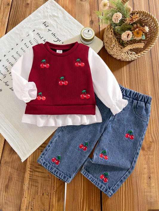 2pcs/Set Baby Girl Summer New Sweet Cute Cherry Embroidered Knit Textured Fabric Cuff/Hem Patchwork White Long Sleeve Top & Denim Long Pants With Front Cherry Embroidery, Simple Versatile Red Vi