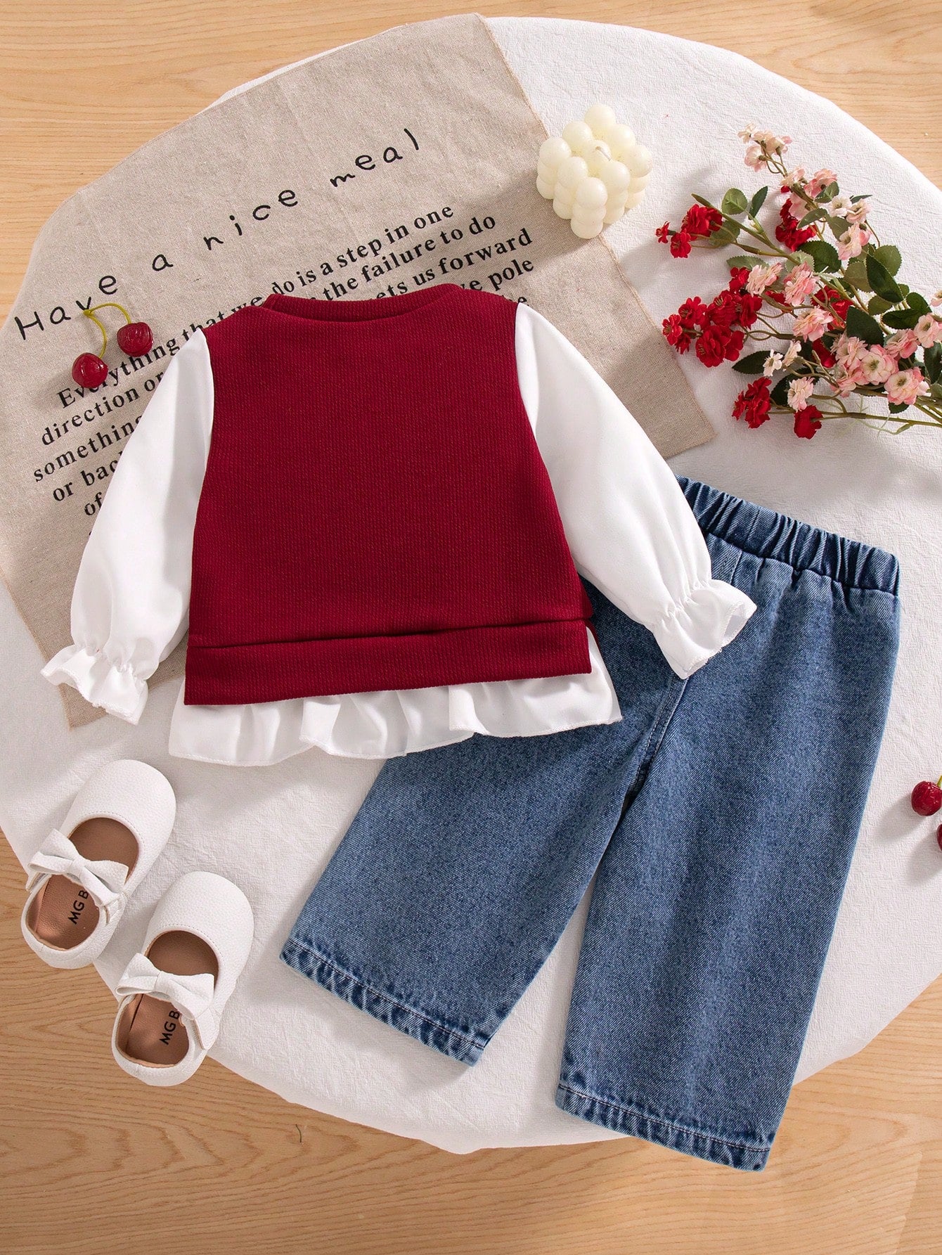 2pcs/Set Baby Girl Summer New Sweet Cute Cherry Embroidered Knit Textured Fabric Cuff/Hem Patchwork White Long Sleeve Top & Denim Long Pants With Front Cherry Embroidery, Simple Versatile Red Vi