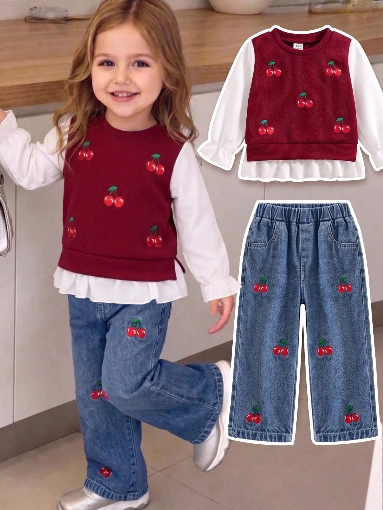 2pcs/Set Baby Girl Summer New Sweet Cute Cherry Embroidered Knit Textured Fabric Cuff/Hem Patchwork White Long Sleeve Top & Denim Long Pants With Front Cherry Embroidery, Simple Versatile Red Vi