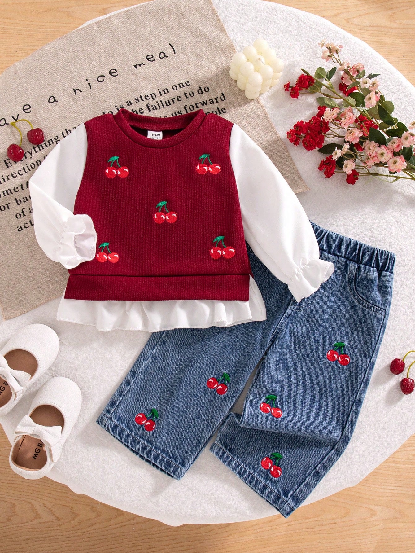 2pcs/Set Baby Girl Summer New Sweet Cute Cherry Embroidered Knit Textured Fabric Cuff/Hem Patchwork White Long Sleeve Top & Denim Long Pants With Front Cherry Embroidery, Simple Versatile Red Vi