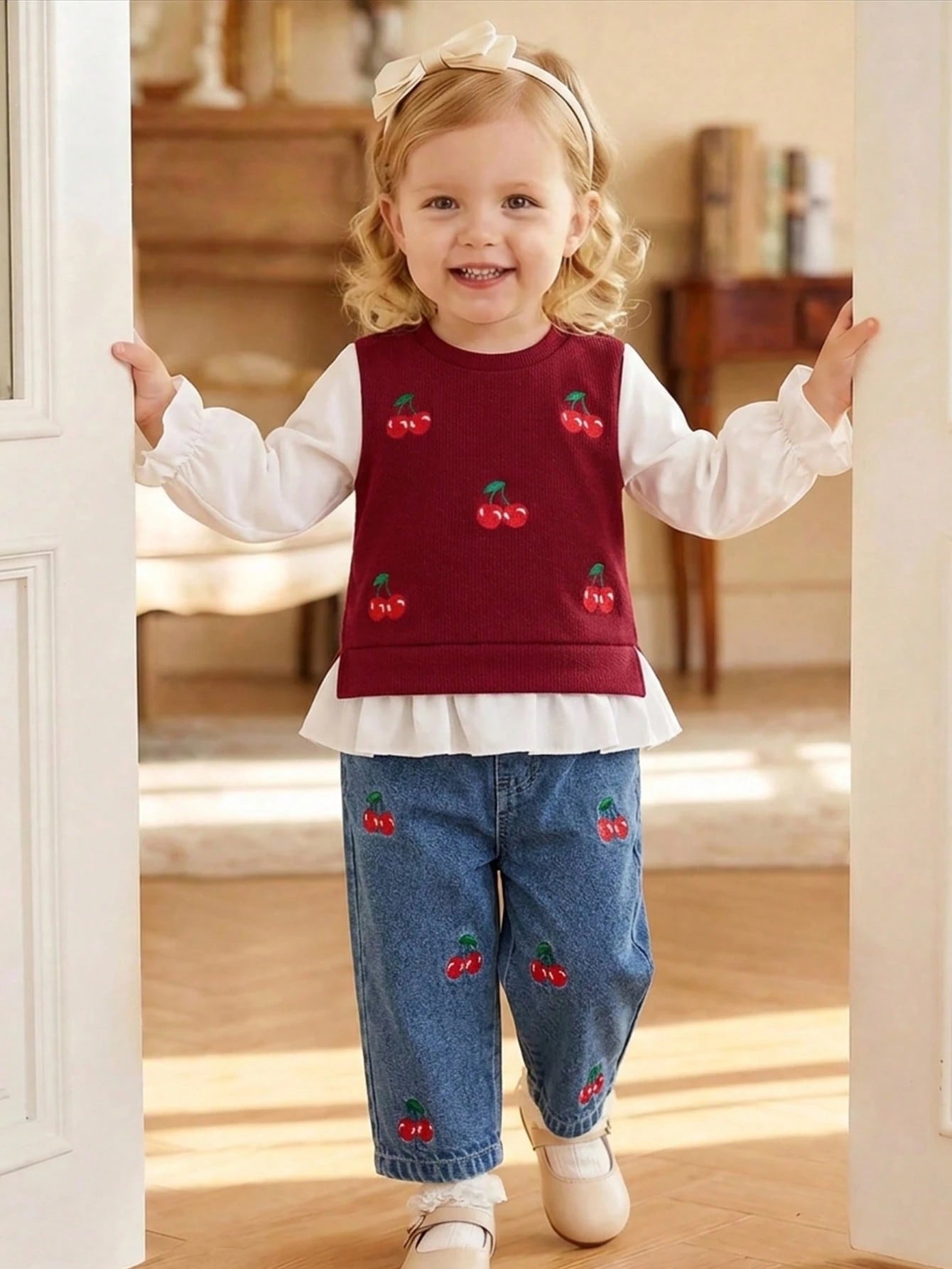 2pcs/Set Baby Girl Summer New Sweet Cute Cherry Embroidered Knit Textured Fabric Cuff/Hem Patchwork White Long Sleeve Top & Denim Long Pants With Front Cherry Embroidery, Simple Versatile Red Vi