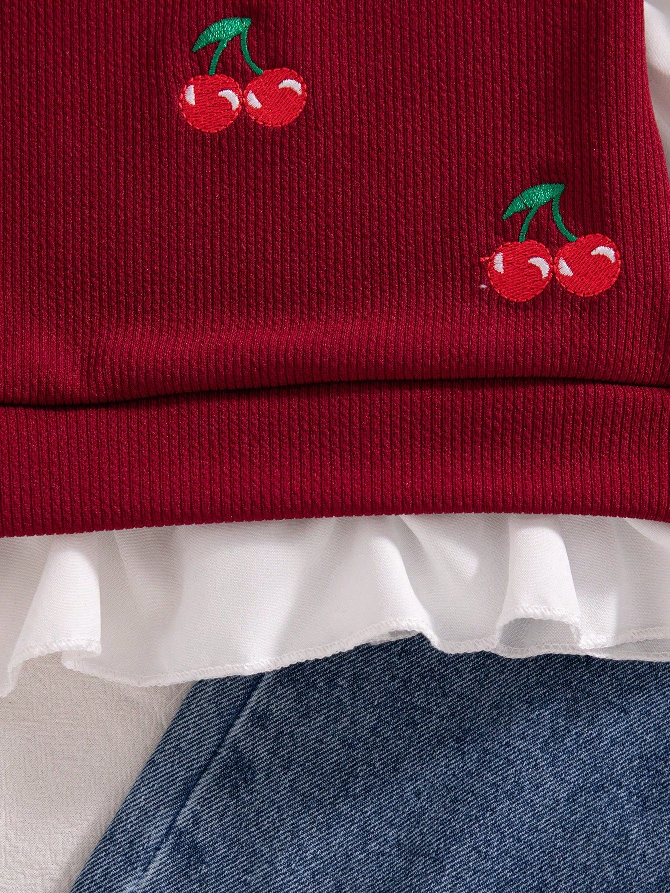 2pcs/Set Baby Girl Summer New Sweet Cute Cherry Embroidered Knit Textured Fabric Cuff/Hem Patchwork White Long Sleeve Top & Denim Long Pants With Front Cherry Embroidery, Simple Versatile Red Vi