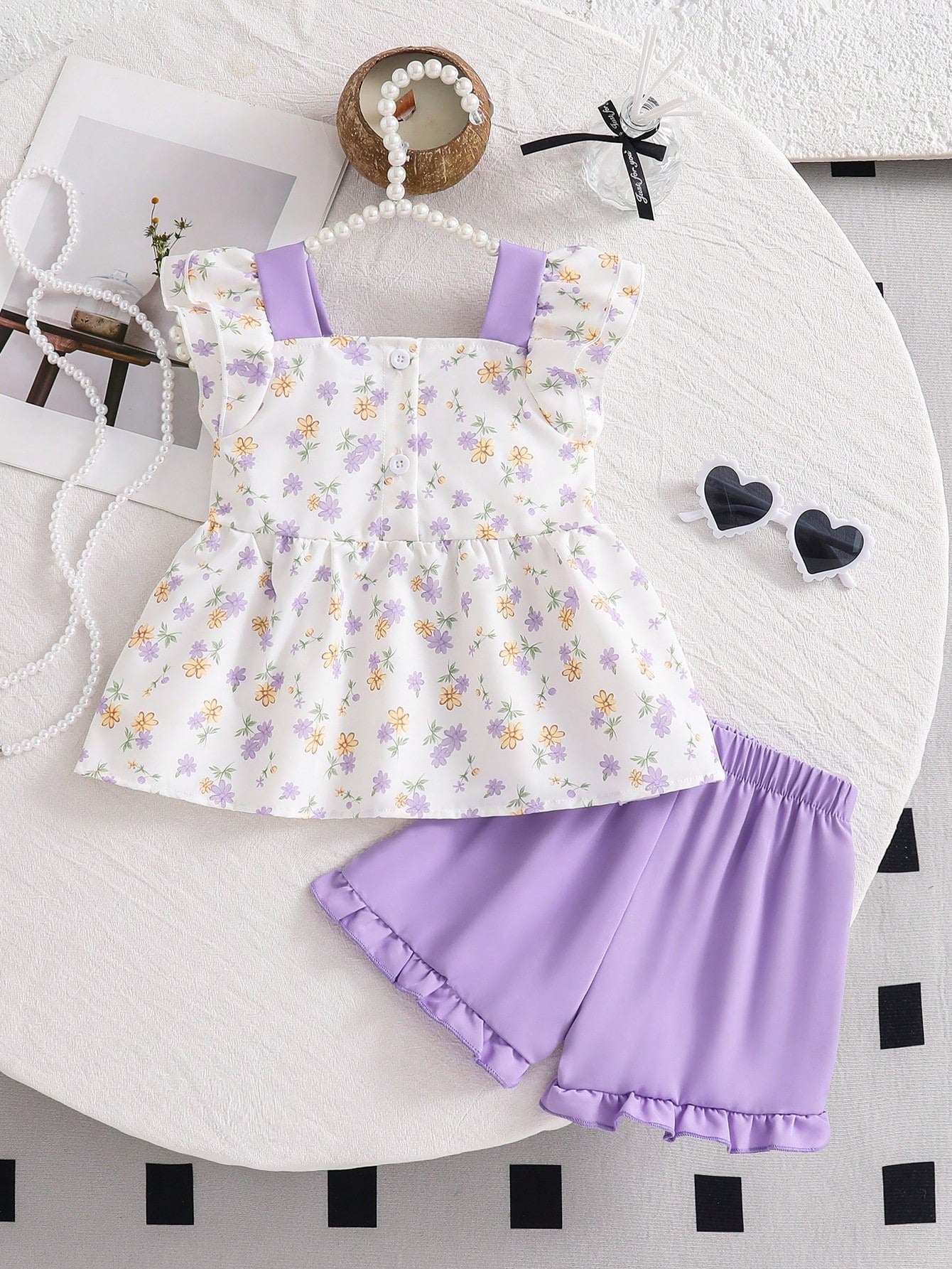 2pcs/Set Baby Girls' Summer Cap Sleeve Top And Shorts Set, Baby Girl Bowknot Ditsy Floral Sleeveless Shirt + Ruffle Hem Elastic Waist Pants, Cute Sweet Princess Outfit, Newborn 1st Birthday Gift, Soft