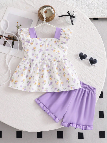 2pcs/Set Baby Girls' Summer Cap Sleeve Top And Shorts Set, Baby Girl Bowknot Ditsy Floral Sleeveless Shirt + Ruffle Hem Elastic Waist Pants, Cute Sweet Princess Outfit, Newborn 1st Birthday Gift, Soft