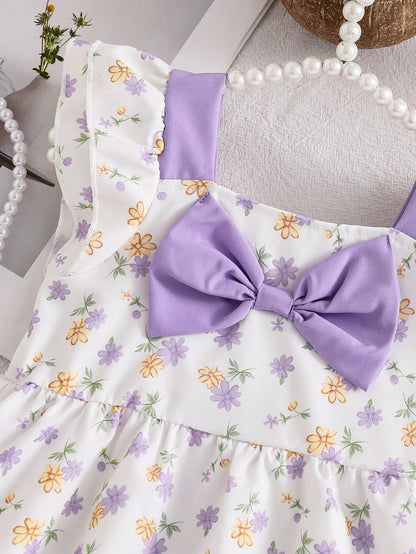 2pcs/Set Baby Girls' Summer Cap Sleeve Top And Shorts Set, Baby Girl Bowknot Ditsy Floral Sleeveless Shirt + Ruffle Hem Elastic Waist Pants, Cute Sweet Princess Outfit, Newborn 1st Birthday Gift, Soft