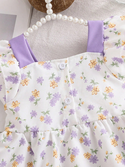 2pcs/Set Baby Girls' Summer Cap Sleeve Top And Shorts Set, Baby Girl Bowknot Ditsy Floral Sleeveless Shirt + Ruffle Hem Elastic Waist Pants, Cute Sweet Princess Outfit, Newborn 1st Birthday Gift, Soft
