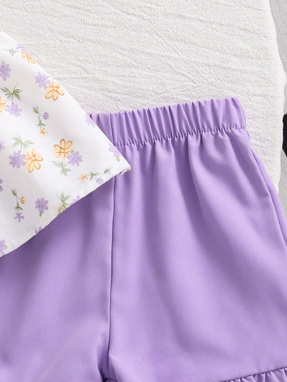 2pcs/Set Baby Girls' Summer Cap Sleeve Top And Shorts Set, Baby Girl Bowknot Ditsy Floral Sleeveless Shirt + Ruffle Hem Elastic Waist Pants, Cute Sweet Princess Outfit, Newborn 1st Birthday Gift, Soft