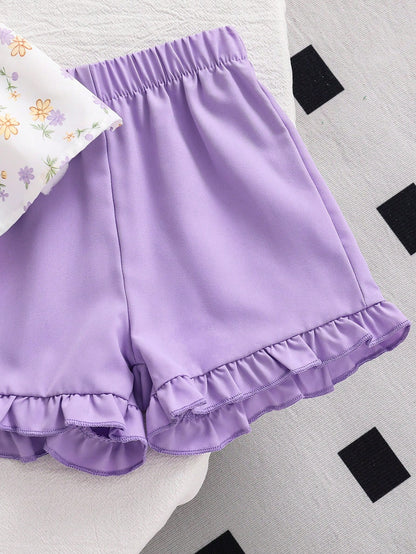 2pcs/Set Baby Girls' Summer Cap Sleeve Top And Shorts Set, Baby Girl Bowknot Ditsy Floral Sleeveless Shirt + Ruffle Hem Elastic Waist Pants, Cute Sweet Princess Outfit, Newborn 1st Birthday Gift, Soft