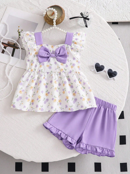 2pcs/Set Baby Girls' Summer Cap Sleeve Top And Shorts Set, Baby Girl Bowknot Ditsy Floral Sleeveless Shirt + Ruffle Hem Elastic Waist Pants, Cute Sweet Princess Outfit, Newborn 1st Birthday Gift, Soft