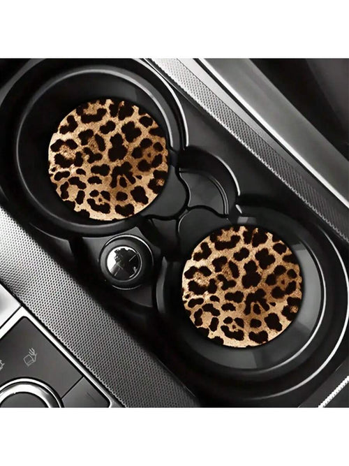 2pcs/Set Brown Leopard Print Cup Coasters- Suitable For Vehicles And Home Offices, Waterproof And Dustproof, High-Definition Faux Leather Material