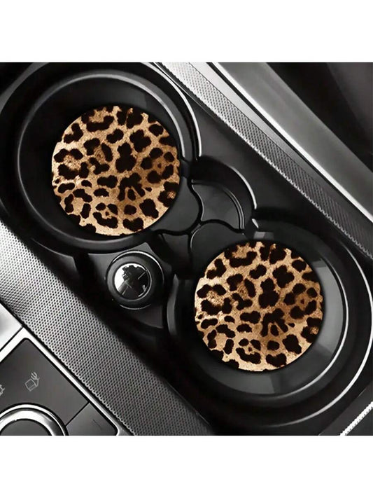 2pcs/Set Brown Leopard Print Cup Coasters- Suitable For Vehicles And Home Offices, Waterproof And Dustproof, High-Definition Faux Leather Material