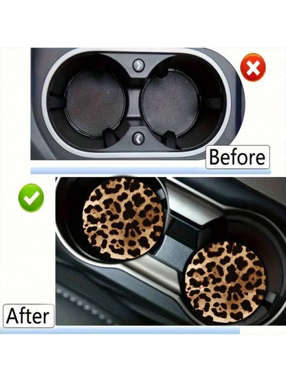2pcs/Set Brown Leopard Print Cup Coasters- Suitable For Vehicles And Home Offices, Waterproof And Dustproof, High-Definition Faux Leather Material
