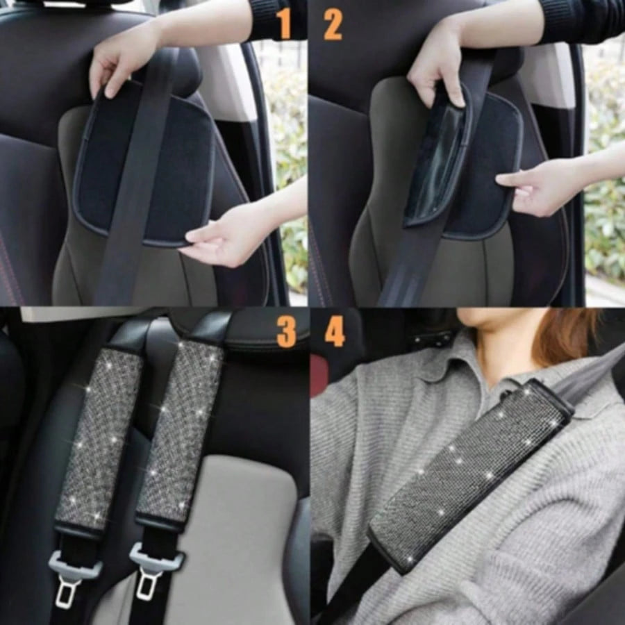 2pcs/Set Car Seat Belt Shoulder Protector Set, Shiny Rhinestone Leather Seat Belt Cover, Suitable For All Car Models, Car Accessories