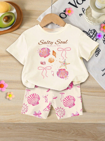 2pcs/Set Cute Baby Girls Beige Summer Outfit,Ocean Creature Shell Bow Print Round Neck T-Shirt And Fitted Bike Shorts,Vacation Holiday Beach Set