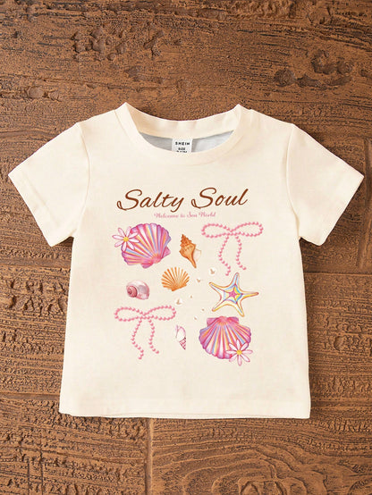 2pcs/Set Cute Baby Girls Beige Summer Outfit,Ocean Creature Shell Bow Print Round Neck T-Shirt And Fitted Bike Shorts,Vacation Holiday Beach Set