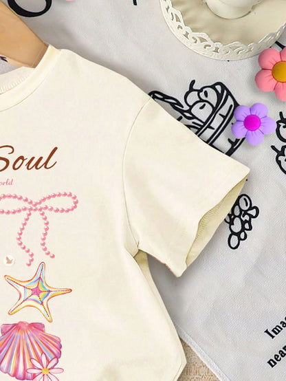2pcs/Set Cute Baby Girls Beige Summer Outfit,Ocean Creature Shell Bow Print Round Neck T-Shirt And Fitted Bike Shorts,Vacation Holiday Beach Set
