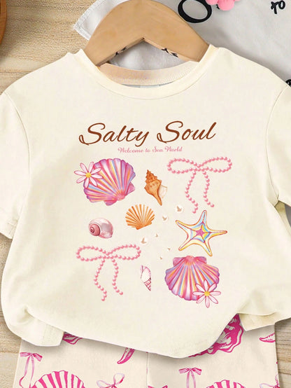 2pcs/Set Cute Baby Girls Beige Summer Outfit,Ocean Creature Shell Bow Print Round Neck T-Shirt And Fitted Bike Shorts,Vacation Holiday Beach Set