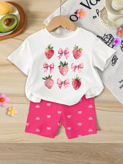 2pcs/Set Cute Baby Girls Beige Summer Outfit,Ocean Creature Shell Bow Print Round Neck T-Shirt And Fitted Bike Shorts,Vacation Holiday Beach Set