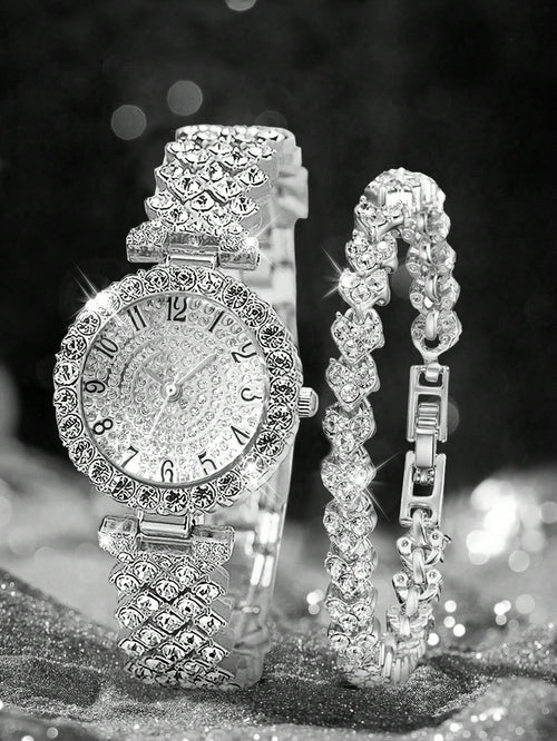 2pcs Set Elegant Crystal Quartz Watch & Heart-Shaped Diamond Bracelet, Fashion, Minimalist, Luxury Women's Watch Set, Suitable For Holidays, Parties, Weddings, Gatherings, And Daily Wear, Best Gift Fo