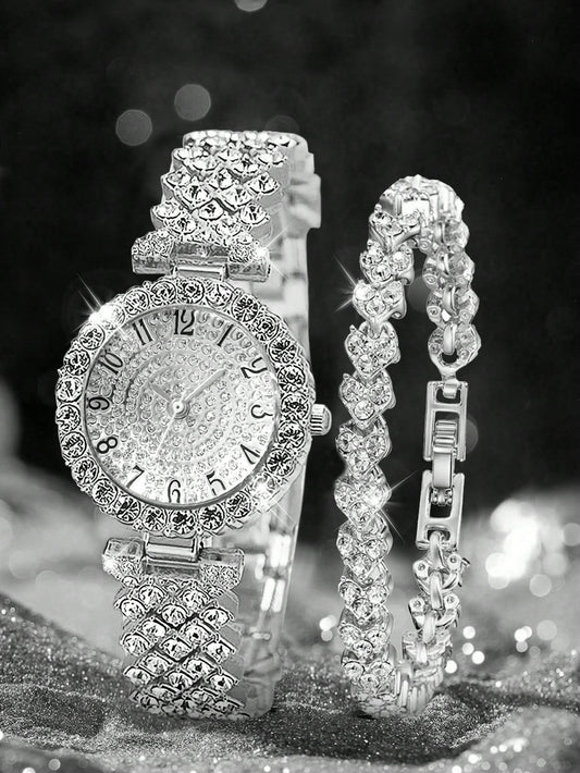 2pcs Set Elegant Crystal Quartz Watch & Heart-Shaped Diamond Bracelet, Fashion, Minimalist, Luxury Women's Watch Set, Suitable For Holidays, Parties, Weddings, Gatherings, And Daily Wear, Best Gift Fo