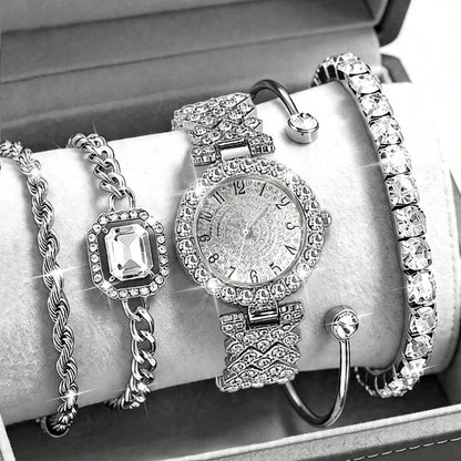 2pcs Set Elegant Crystal Quartz Watch & Heart-Shaped Diamond Bracelet, Fashion, Minimalist, Luxury Women's Watch Set, Suitable For Holidays, Parties, Weddings, Gatherings, And Daily Wear, Best Gift Fo