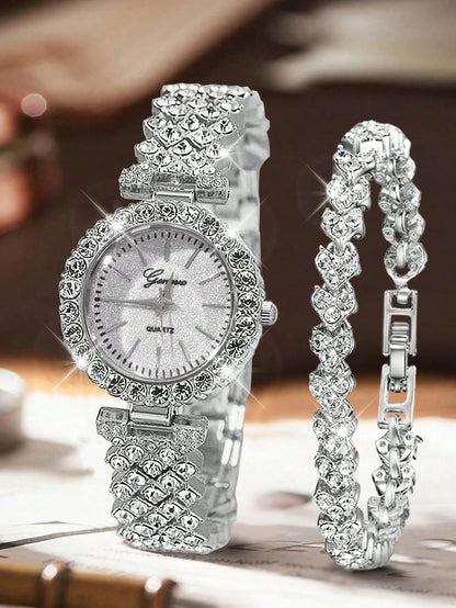 2pcs Set Elegant Crystal Quartz Watch & Heart-Shaped Diamond Bracelet, Fashion, Minimalist, Luxury Women's Watch Set, Suitable For Holidays, Parties, Weddings, Gatherings, And Daily Wear, Best Gift Fo