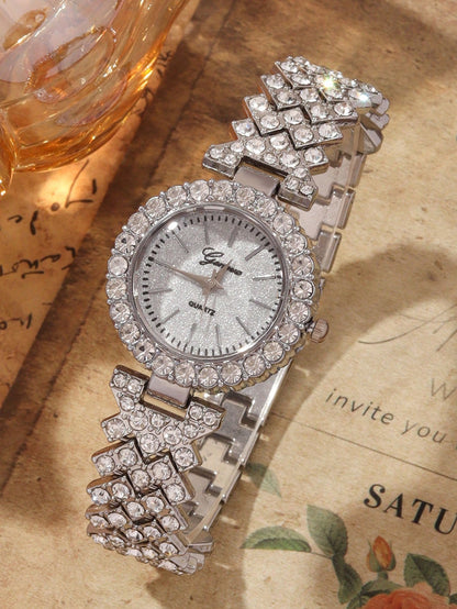2pcs Set Elegant Crystal Quartz Watch & Heart-Shaped Diamond Bracelet, Fashion, Minimalist, Luxury Women's Watch Set, Suitable For Holidays, Parties, Weddings, Gatherings, And Daily Wear, Best Gift Fo