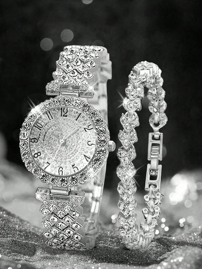 2pcs Set Elegant Crystal Quartz Watch & Heart-Shaped Diamond Bracelet, Fashion, Minimalist, Luxury Women's Watch Set, Suitable For Holidays, Parties, Weddings, Gatherings, And Daily Wear, Best Gift Fo
