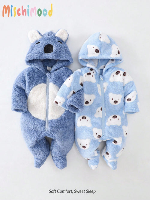 2pcs/Set Newborn Cute Koala Print Embroidered Plush Thickened Long Sleeve Jumpsuit Pajamas, Autumn/Winter Fall