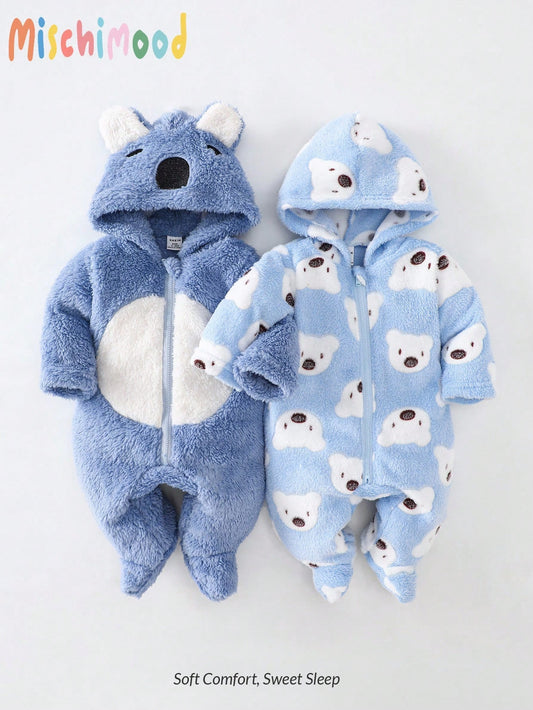 2pcs/Set Newborn Cute Koala Print Embroidered Plush Thickened Long Sleeve Jumpsuit Pajamas, Autumn/Winter Fall