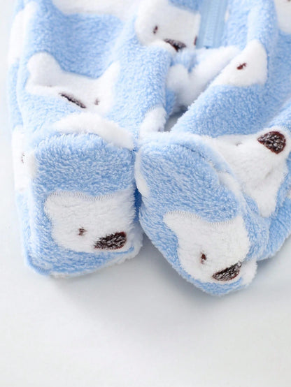 2pcs/Set Newborn Cute Koala Print Embroidered Plush Thickened Long Sleeve Jumpsuit Pajamas, Autumn/Winter Fall