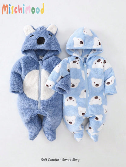 2pcs/Set Newborn Cute Koala Print Embroidered Plush Thickened Long Sleeve Jumpsuit Pajamas, Autumn/Winter Fall