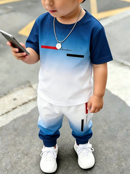 2pcs/Set Toddler Boys White And Blue Ombre Geometric Letter Print Short Sleeve T-Shirt+Jogger Pants,Summer Casual Beach Outfit,Lightweight Breathable