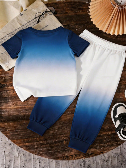 2pcs/Set Toddler Boys White And Blue Ombre Geometric Letter Print Short Sleeve T-Shirt+Jogger Pants,Summer Casual Beach Outfit,Lightweight Breathable