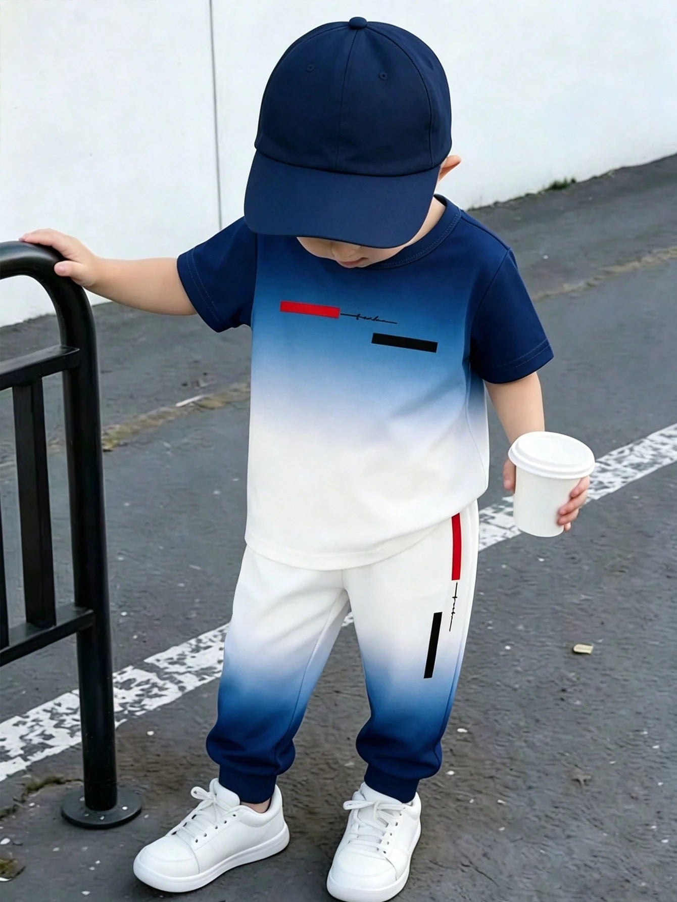 2pcs/Set Toddler Boys White And Blue Ombre Geometric Letter Print Short Sleeve T-Shirt+Jogger Pants,Summer Casual Beach Outfit,Lightweight Breathable