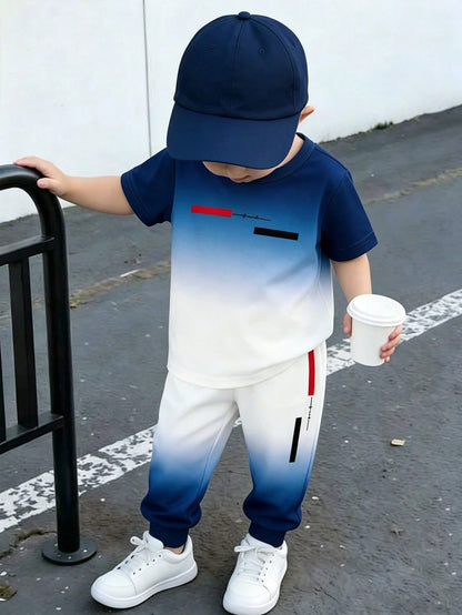 2pcs/Set Toddler Boys White And Blue Ombre Geometric Letter Print Short Sleeve T-Shirt+Jogger Pants,Summer Casual Beach Outfit,Lightweight Breathable