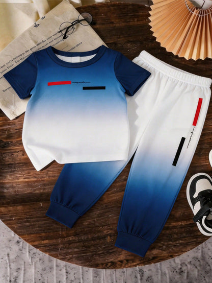 2pcs/Set Toddler Boys White And Blue Ombre Geometric Letter Print Short Sleeve T-Shirt+Jogger Pants,Summer Casual Beach Outfit,Lightweight Breathable