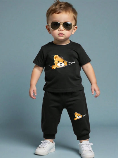 2pcs/Set Toddler Boys White And Blue Ombre Geometric Letter Print Short Sleeve T-Shirt+Jogger Pants,Summer Casual Beach Outfit,Lightweight Breathable