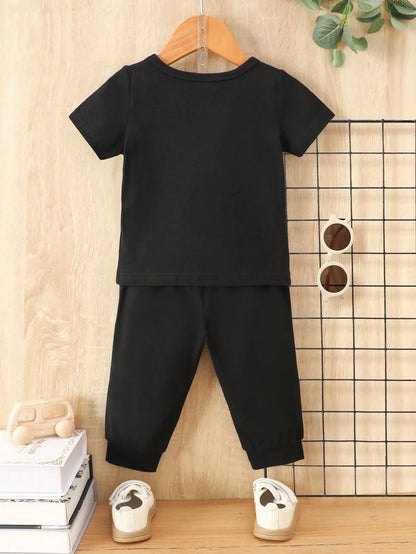 2pcs/Set Toddler Boys White And Blue Ombre Geometric Letter Print Short Sleeve T-Shirt+Jogger Pants,Summer Casual Beach Outfit,Lightweight Breathable