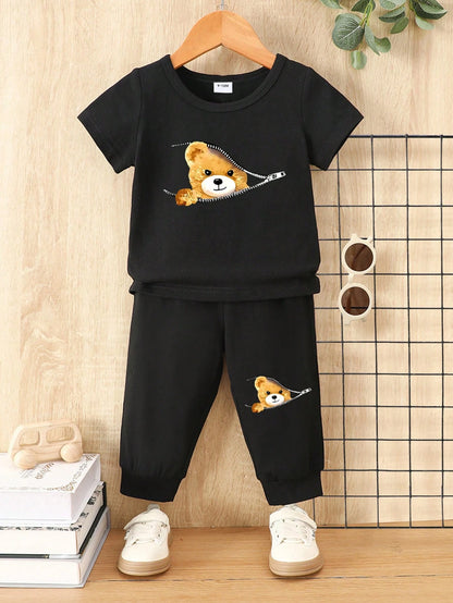2pcs/Set Toddler Boys White And Blue Ombre Geometric Letter Print Short Sleeve T-Shirt+Jogger Pants,Summer Casual Beach Outfit,Lightweight Breathable